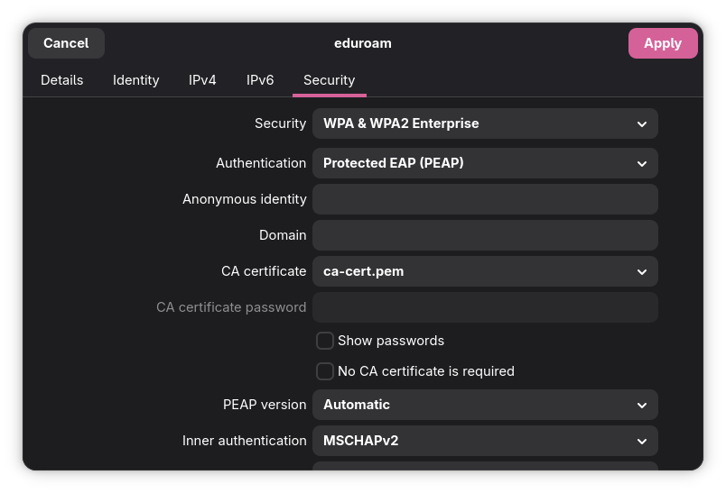 Certificate Location in Network Manager GUI